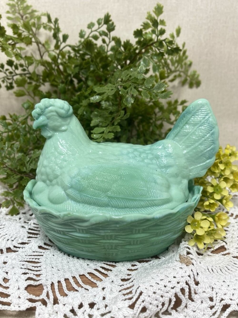 Green Jadeite Slag Hen On Nest HON Covered Dish 6 Inch Vintage Estate
